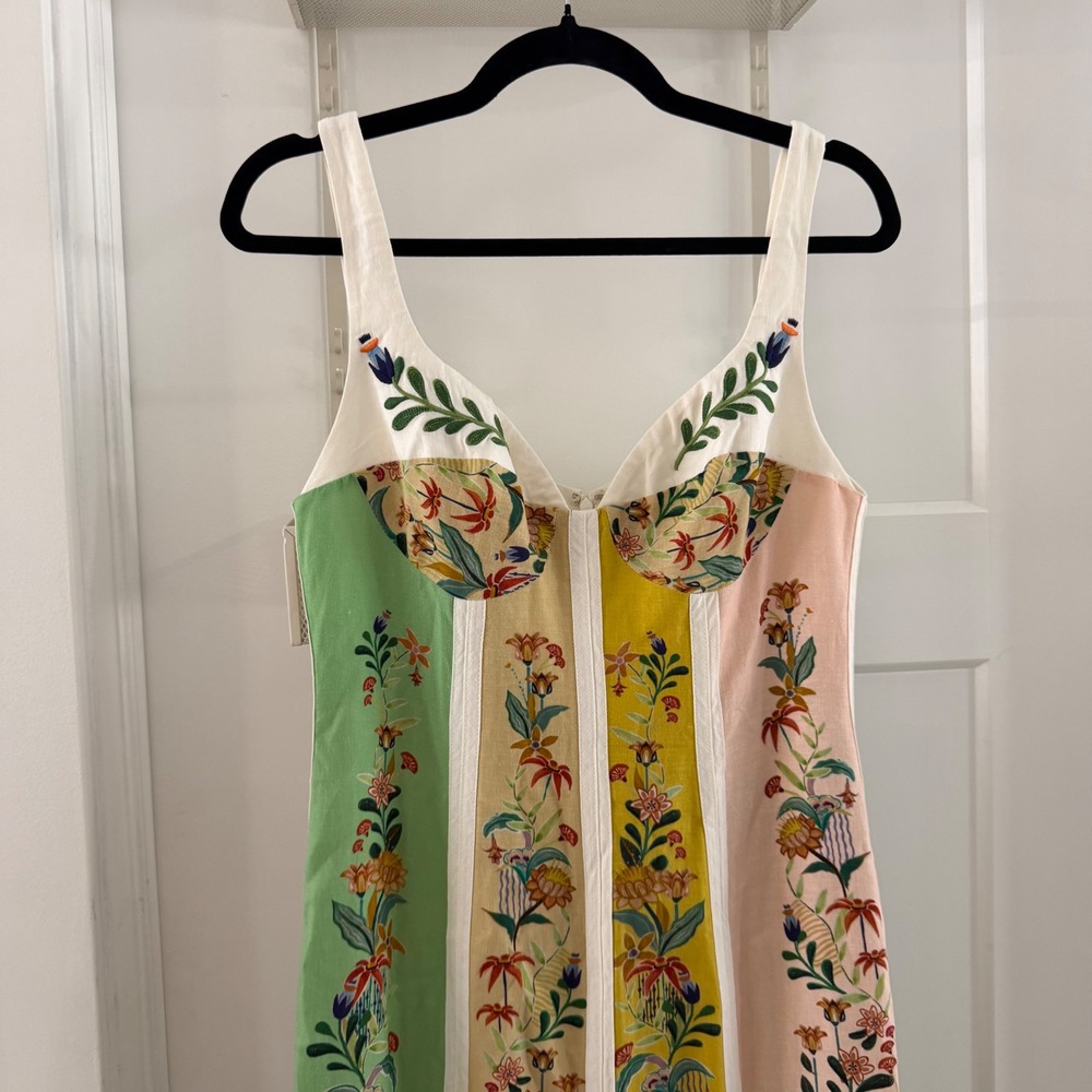 New Farm Rio Multicolor Delicate Floral Stripes Linen Maxi Dress Small Boho - Picture 2 of 7
